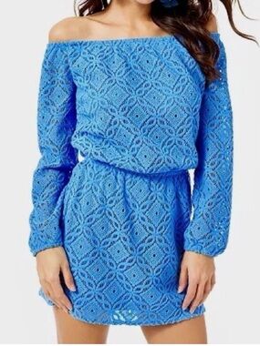Lilly Pulitzer Blue Lana Thistle Trellis Lace Off Shoulder Skort Romper Size  M